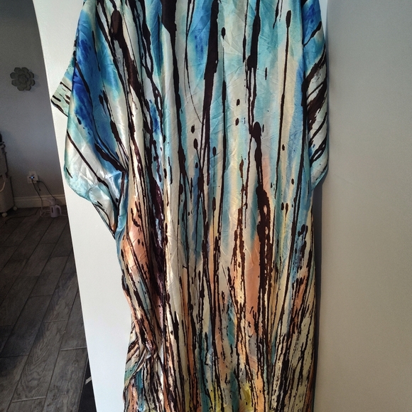 CARESS BLUE WATERFALL MULTI MIX S-4X LOUNGE COVERUP ROBE CAFTAN DRESS KAFTAN#304 - Picture 4 of 4